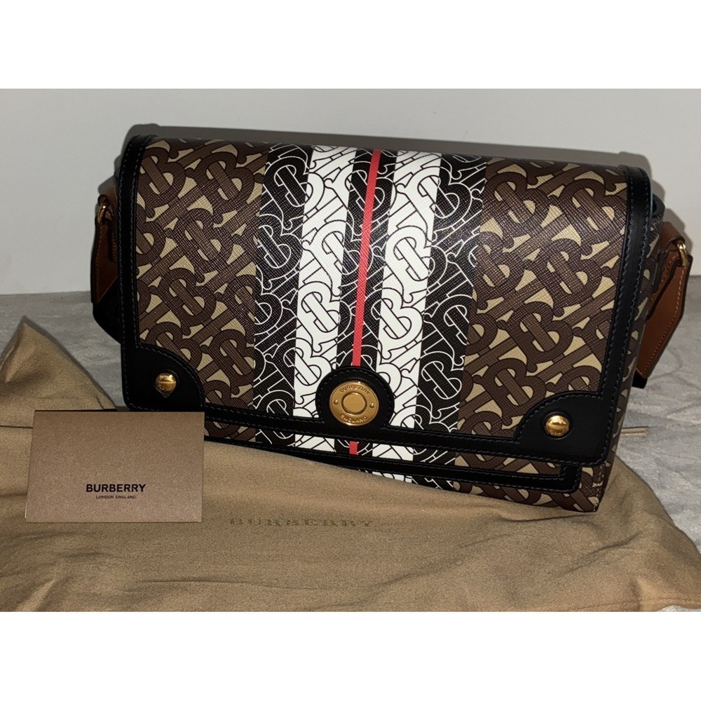 Burberry Note Bag Monogram Stripe Crossbody Bridle Brown Mediumโ Italy NEW